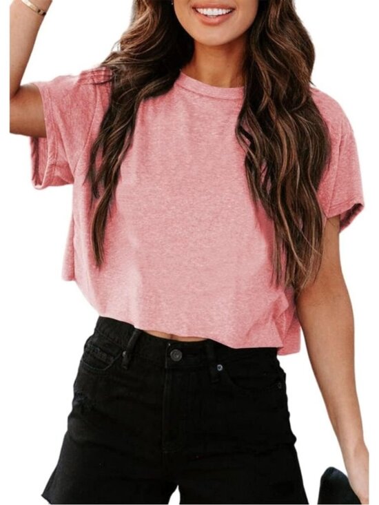 Tops - Women's Pink Short Sleeve Crew Neck Loose Casual Drop Shoulder Crop Tops